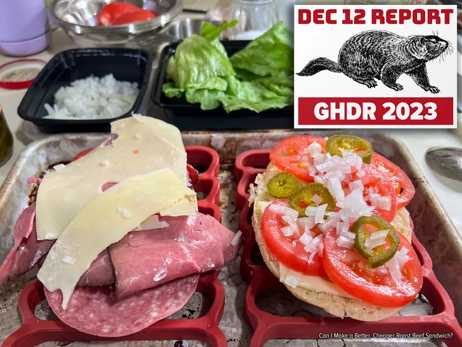 Photo of roast beef sandwich ingredients, spread out on several trays awaiting assembly