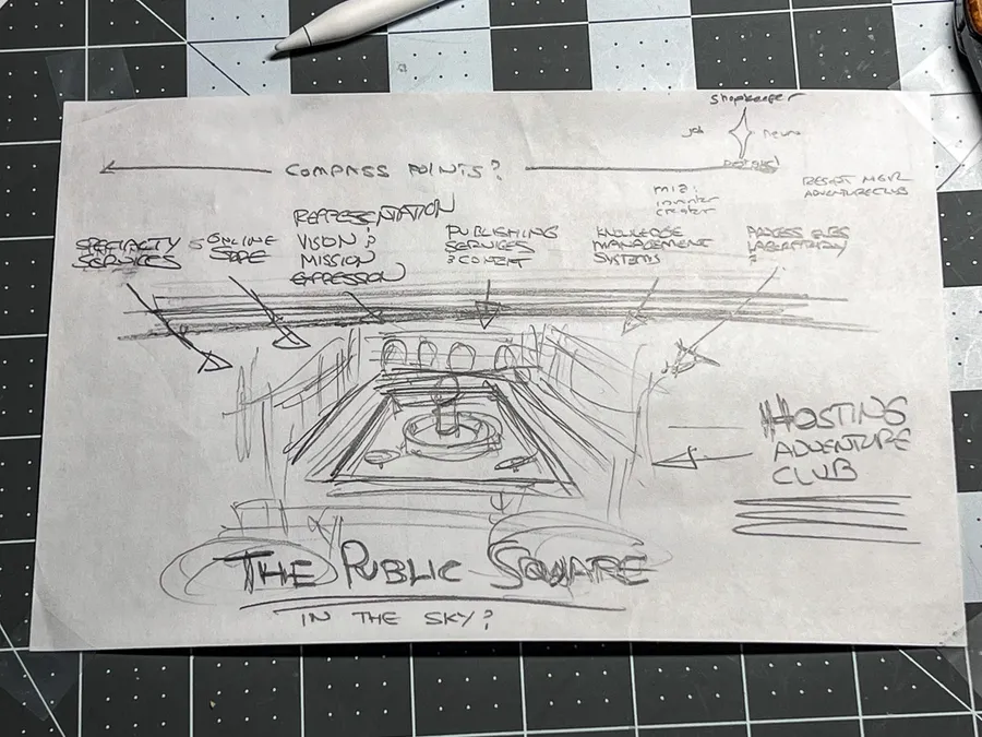 pencil drawing of a sunken square surrounded by a promenade, with arrows depicting where other features would exist.