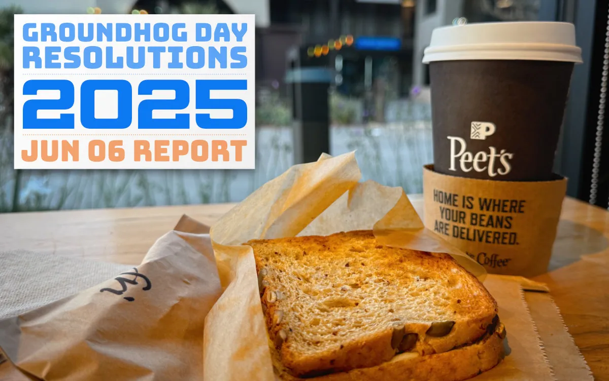 A closeup of a Peet's Coffee paper cup and sandwich at The Pruneyard in Campbell, CA (full size image)