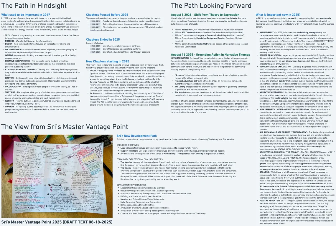 Sri's colorful braindump diagram of blocks of text describing things on her mind (full size image)