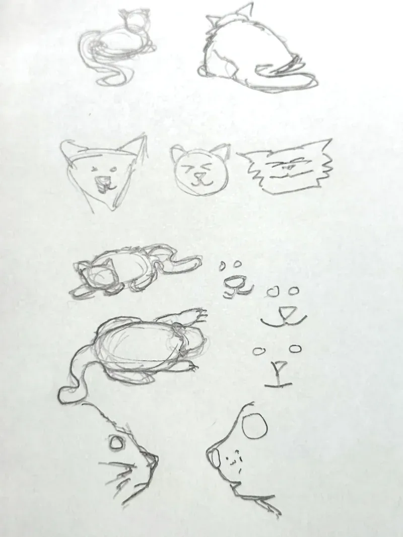 several crude sketches of cats