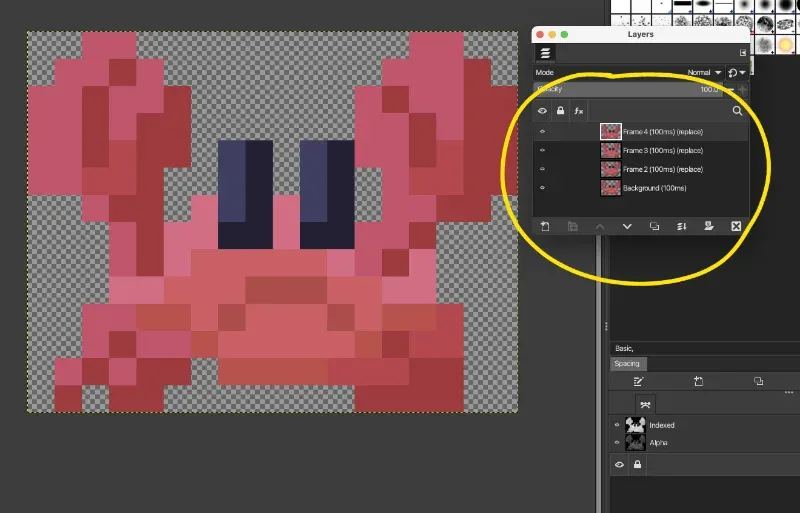 Screenshot of GIMP, showing 4 layers each with an animation frame