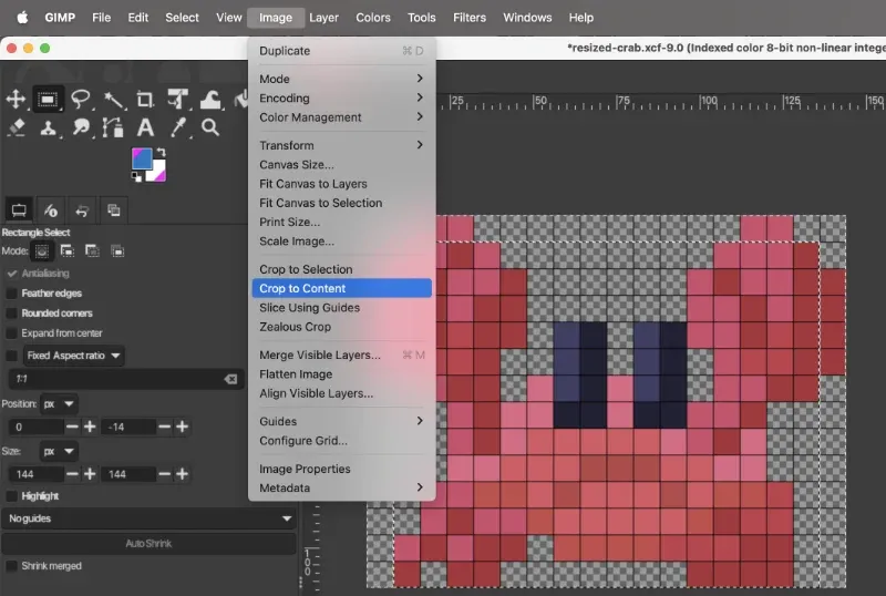 Screenshot of GIMP, showing CROP TO CONTENT command
