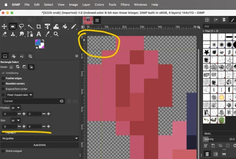 Screenshot of GIMP, showing use of select tool to determine dimensions