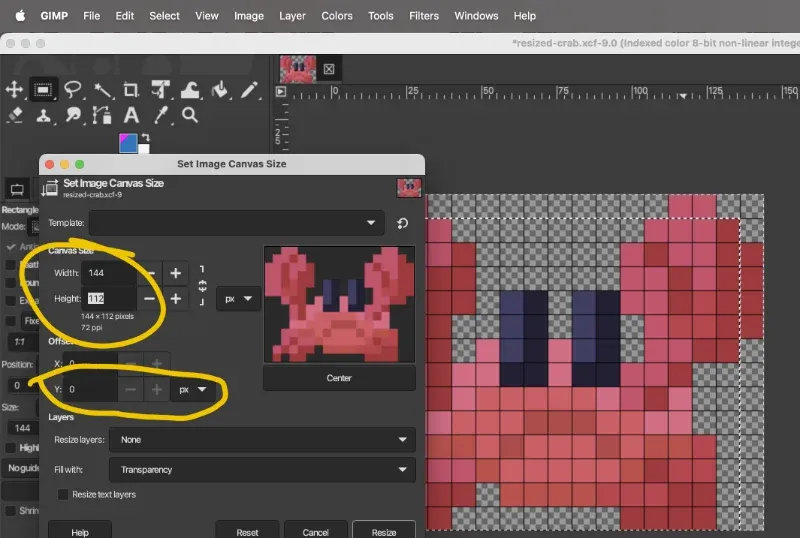 Screenshot of GIMP, showing resizing of canvas to multiple of 8 pixels