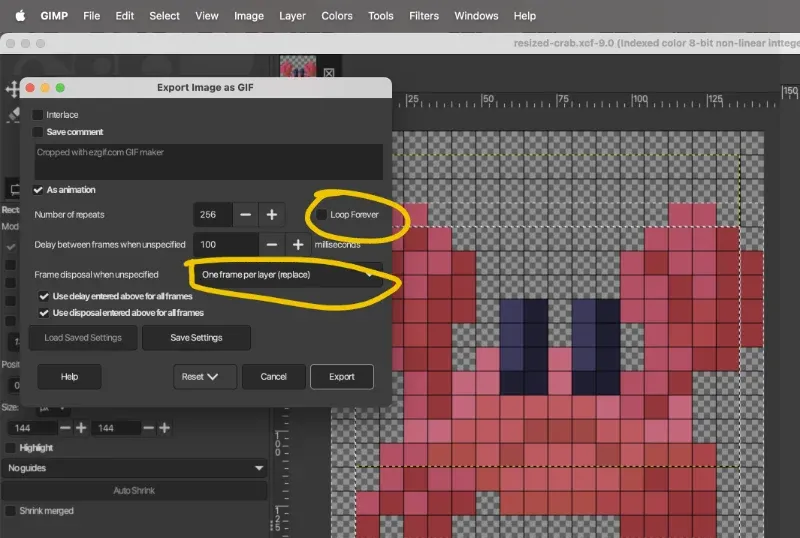 Screenshot of GIMP, showing Export Image as GIF options