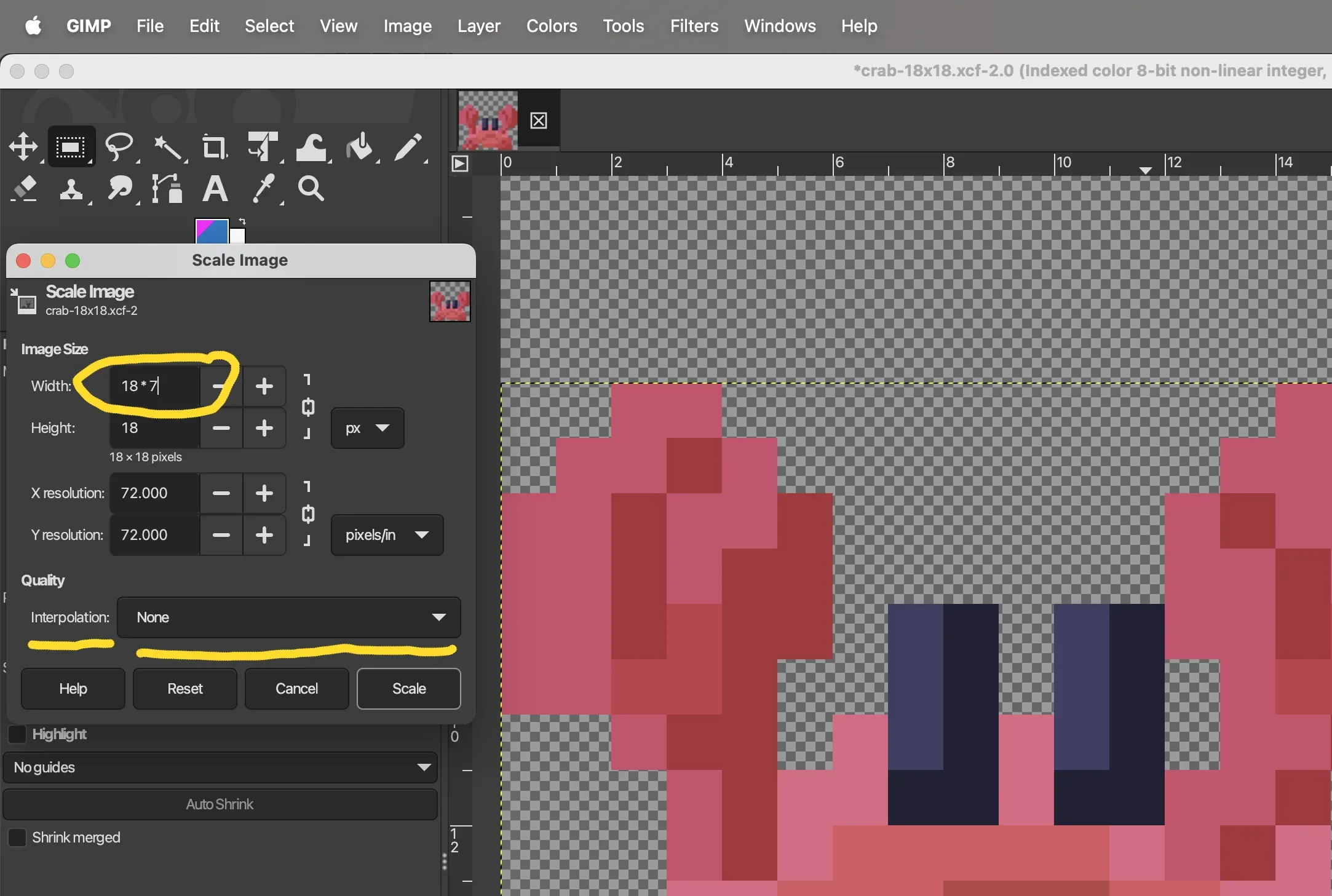 Screenshot of GIMP, showing Scale Image options (full size image)