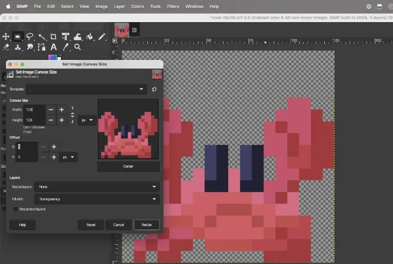 Screenshot of GIMP, showing Set Canvas Size options