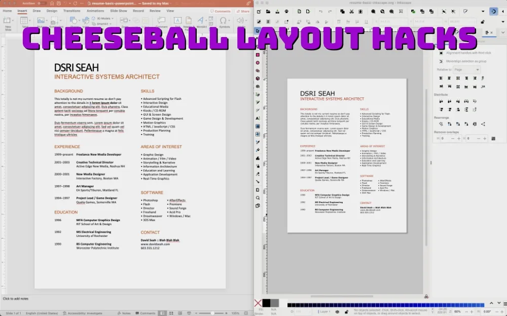 Side-by-side screenshots of Powerpoint and Inkscape, showing simple resume layout (full size image)