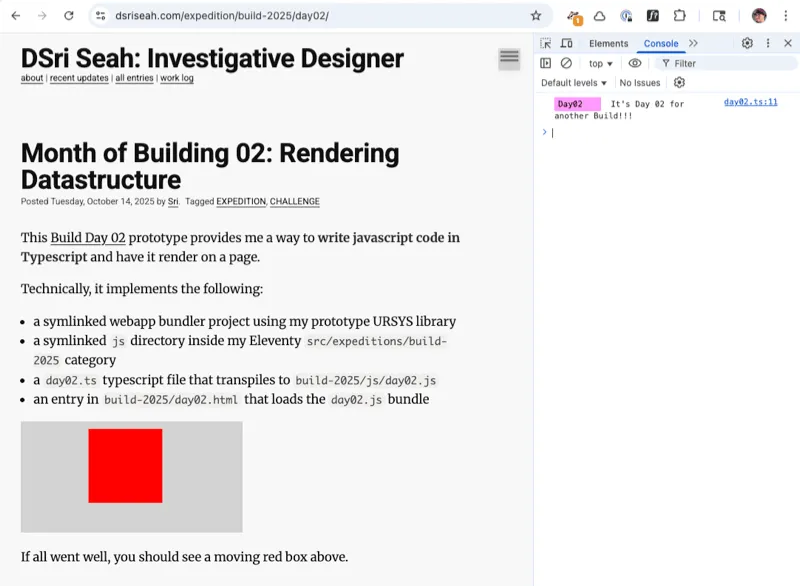 Page on dsriseah.com showing the script in day02.ts running inside of day02.html template