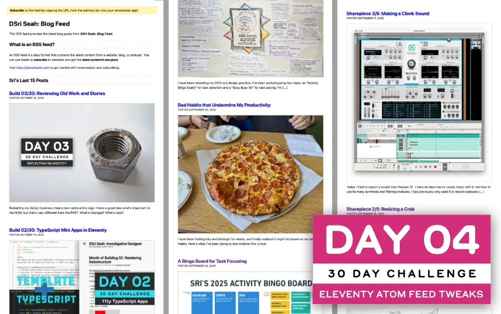3 columns of web pages showing blog posts, demonstrating how an XML feed can be styled in the browser by XSL. (full size image)