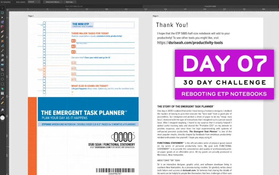 Screenshot of Affinity Designer editing the Mini ETP Front Sheet insert for packaging.