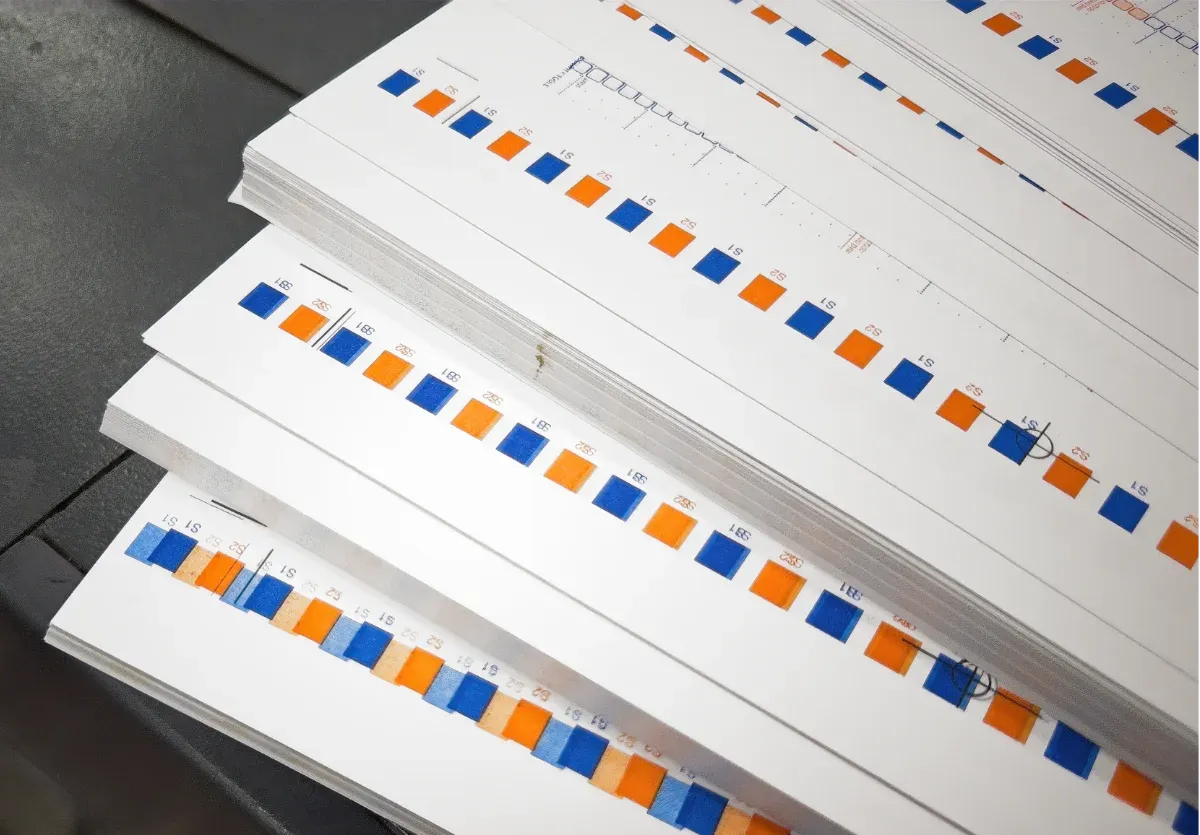 A stack of test prints, showing improving registration until they are sharply aligned. (full size image)