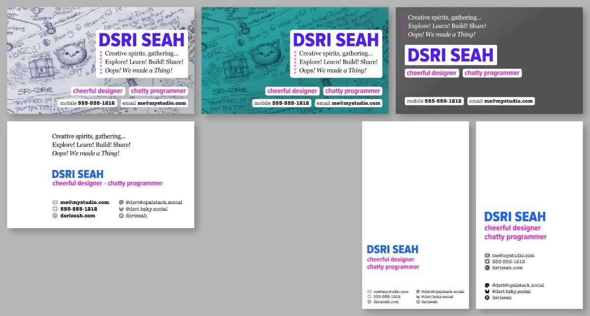 Five more business card designs, including a short poem and also vertical formats (full size image)