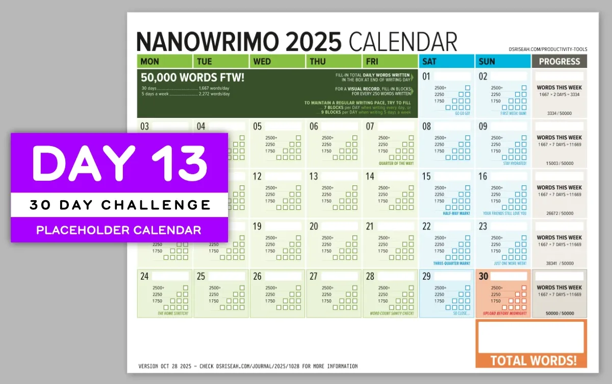 The November 2025 word counting calendar has places for filling in daily and weekly word counts, making it easy to gauge pacing of your writing. (full size image)