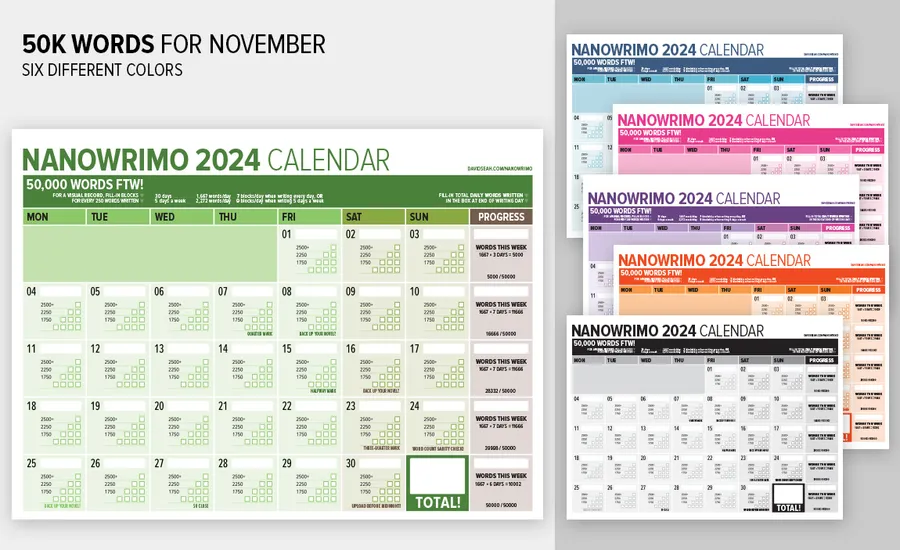 NaNoWriMo 2024 calendar design showing different layouts in seven color variants