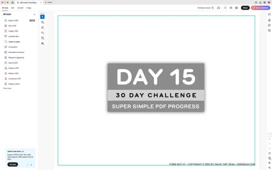 Adobe Acrobat interface displaying a very simple PDF with text 'FORM.WCC-01' and copyright information drawn inside light blue page margin