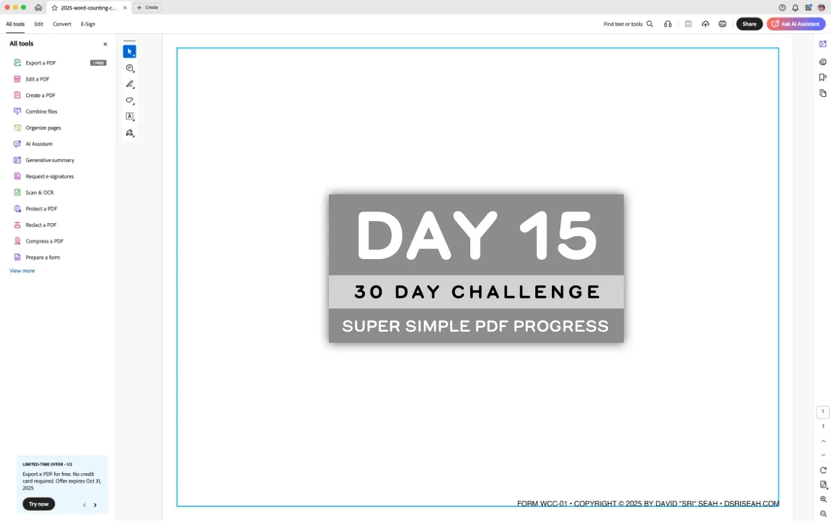 Adobe Acrobat interface displaying a very simple PDF with text 'FORM.WCC-01' and copyright information drawn inside light blue page margin (full size image)