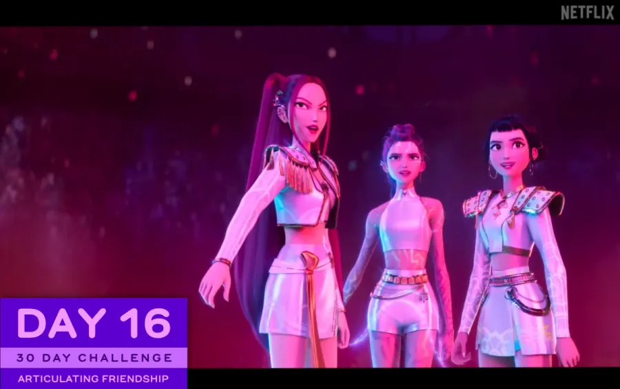 A scene from K-Pop Demon Hunters with the three main characters Mira, Rumi, and Zoey about to face down the final boss of the demon world, united in friendship and accepting of their imperfections.
