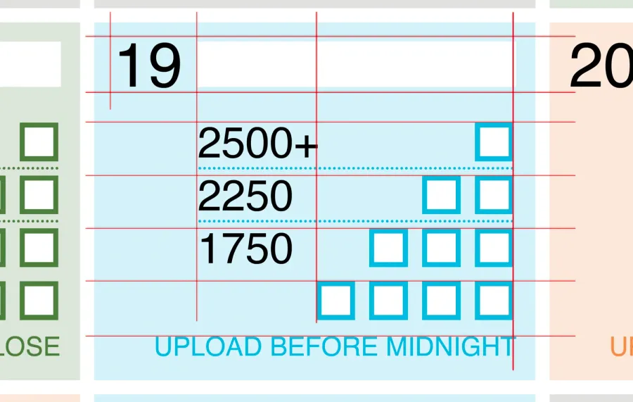 Closeup of Calendar Day Cell with red horizontal and vertical guidelines showing how each subelement of the cell is positioned relative to each other