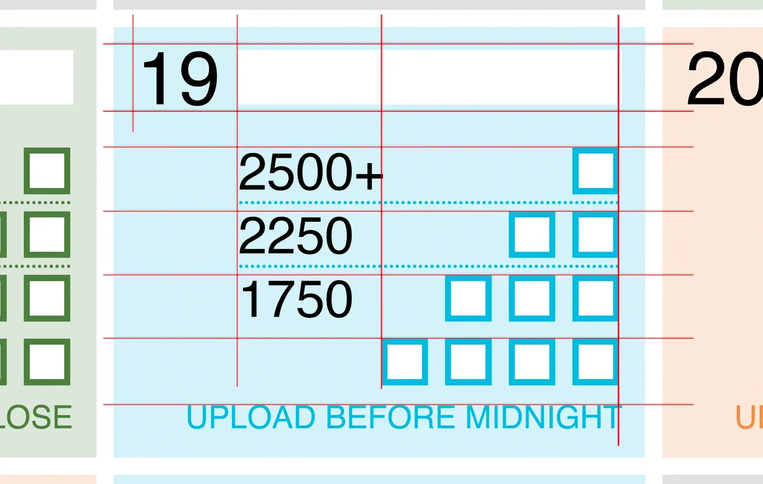 Closeup of Calendar Day Cell with red horizontal and vertical guidelines showing how each subelement of the cell is positioned relative to each other (full size image)