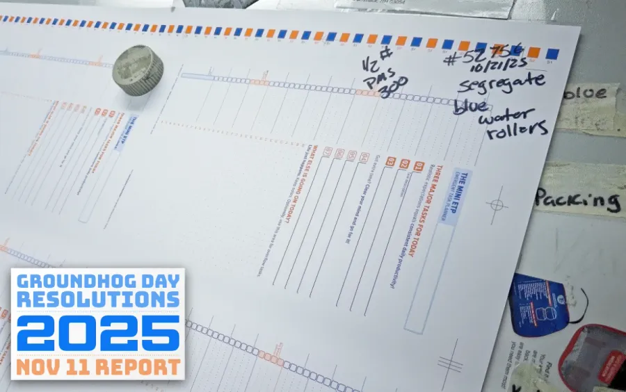 A broadsheet showing the ETP Mini Notebook pages, marked-up by the press operator to ensure that the right colors are being used