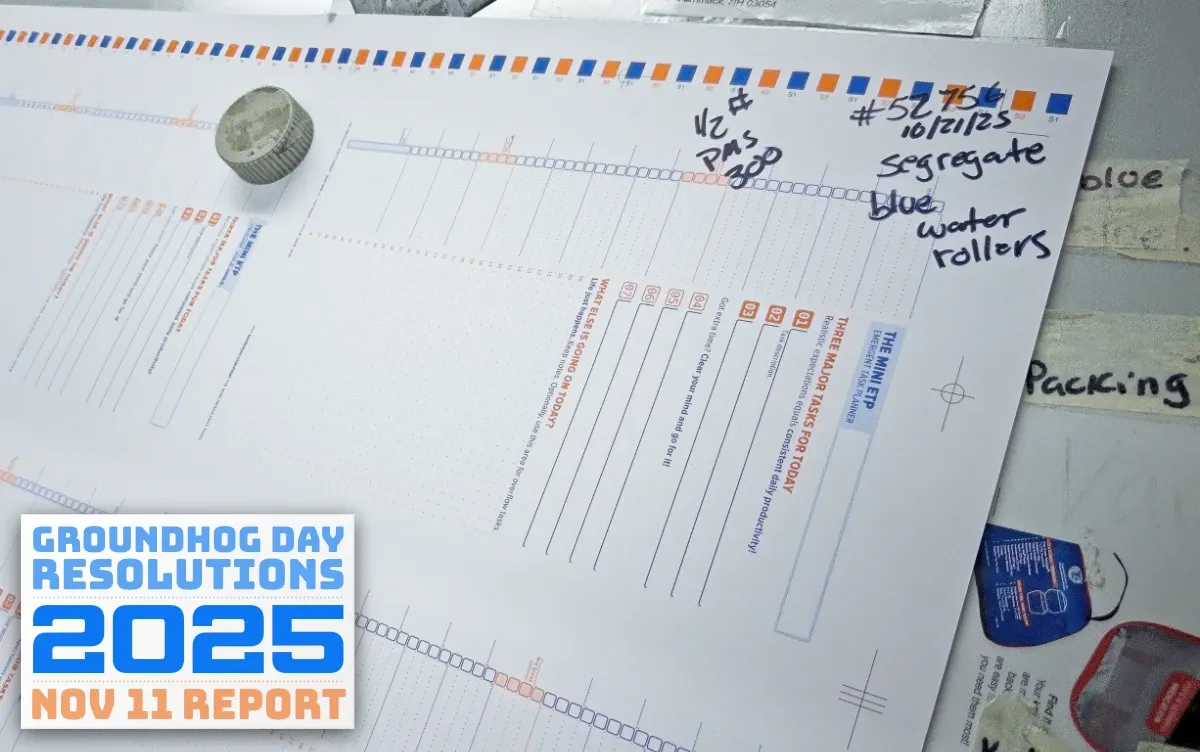 A broadsheet showing the ETP Mini Notebook pages, marked-up by the press operator to ensure that the right colors are being used (full size image)