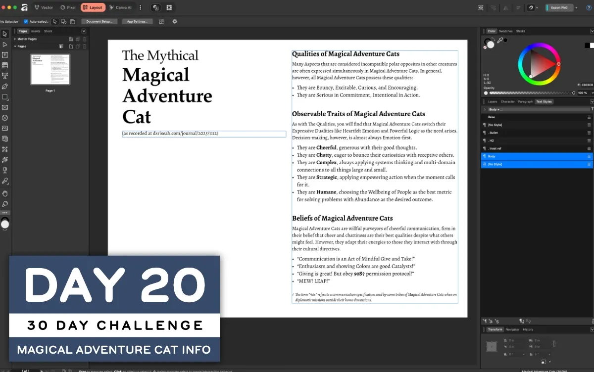 Screenshot of the Affinity App, depicting a landscape aspect page with the words THE MYSTERIOUS MAGICAL ADVENTURE CAT and a column of text to the right. (full size image)