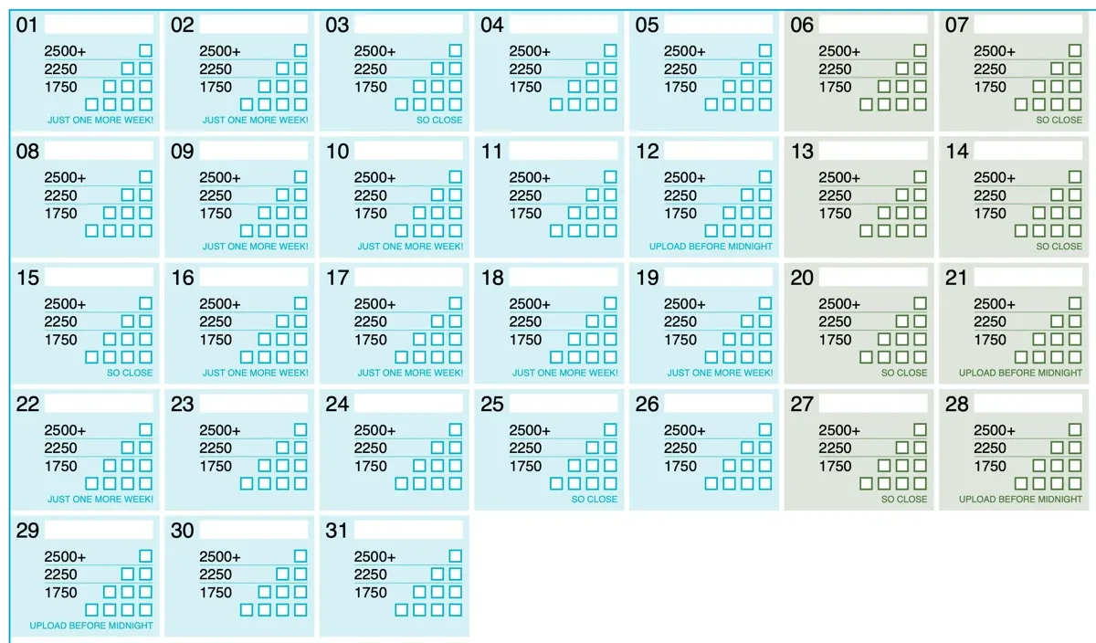 Closeup of an unlabeled calendar layout, using the Word Counting Calendar calls (full size image)
