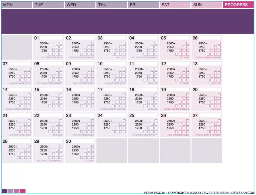 Current progress on rendering a complete Word Counting Calendar, showing addition of day names and blank cells athe the beginning and end of weeks