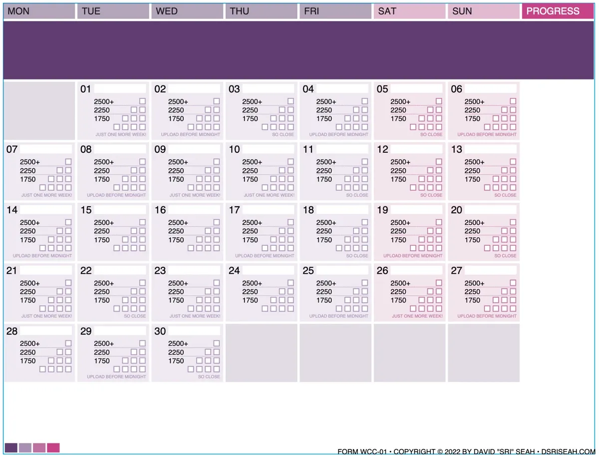 Current progress on rendering a complete Word Counting Calendar, showing addition of day names and blank cells athe the beginning and end of weeks (full size image)