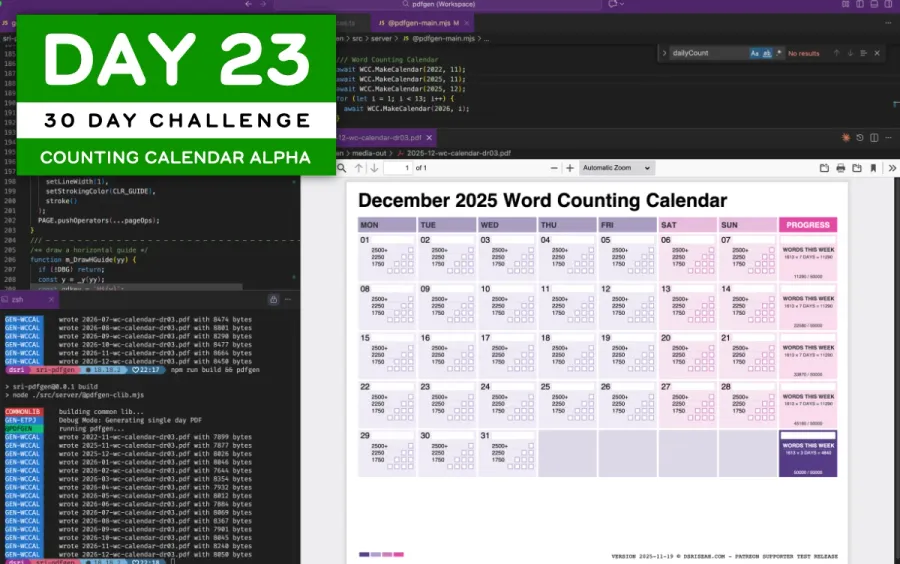 Screenshot of Visual Studio Code showing source code fragments and the rendered December 2025 Word Counting Calendar