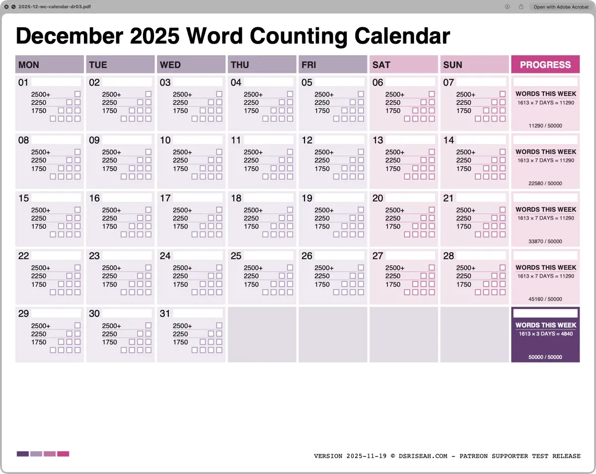 The December 2025 Word Counting Calendar, version 2025-11-19 (full size image)