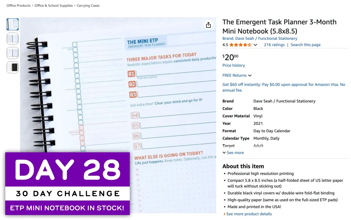 A listing from amazon.com showing the Emergent Task Planner 3-Month Mini Notebook is available for sale. (full size image)