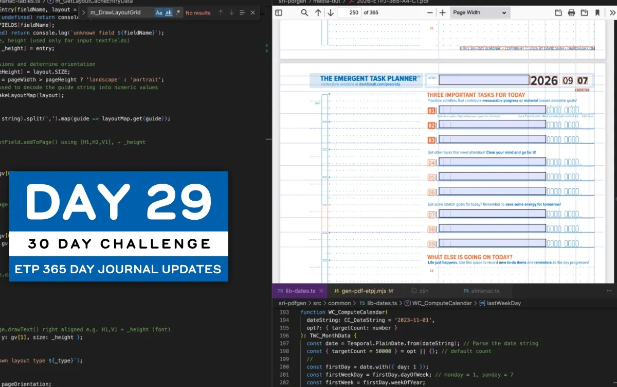 DAY 29 of 30 Day Challenge ETP 465 Day Journal Updates, showing Visual Studio Code IDE with debug preview of the PDF output (full size image)