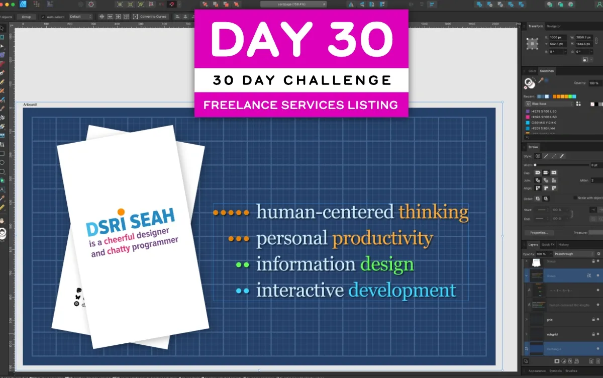 Screenshot of Affinity Designer, showing the text DSRI SEAH and their four freelance service offerings (full size image)