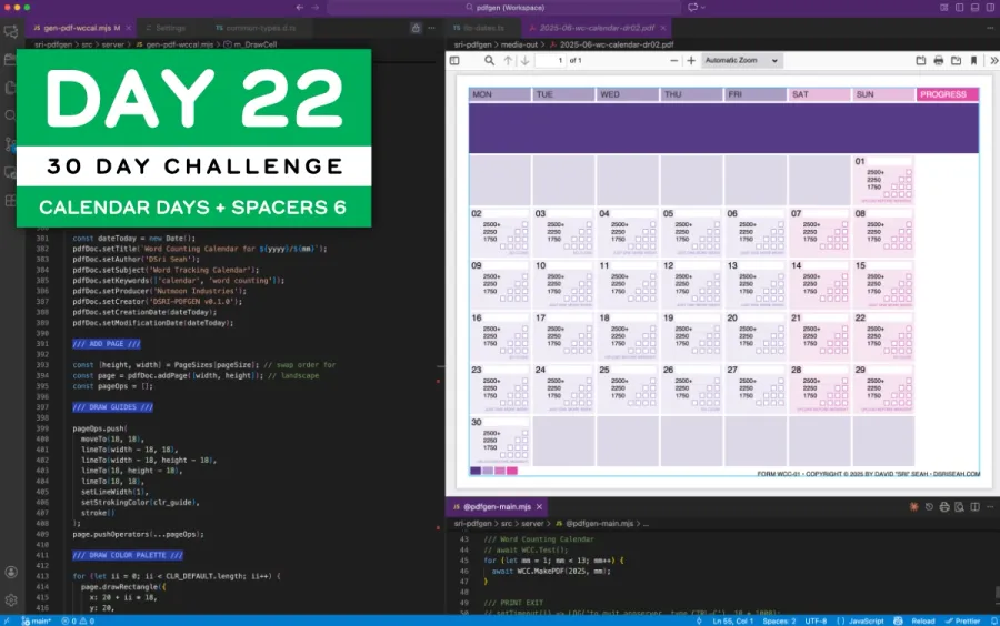 Title image is a screenshot of Visual Studio Code, showing javascript code fragements alongside a preview of the generated PDF output