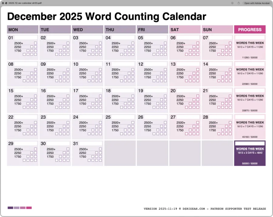 The December 2025 Word Counting Calendar, version 2025-11-19