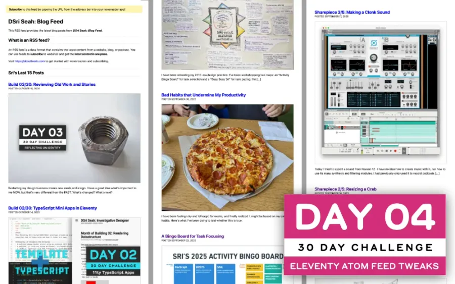3 columns of web pages showing blog posts, demonstrating how an XML feed can be styled in the browser by XSL.
