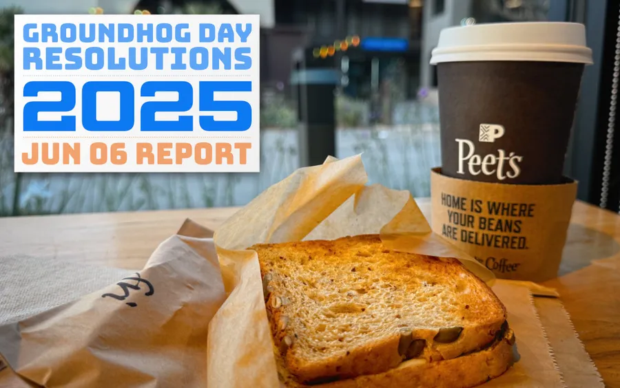 A closeup of a Peet's Coffee paper cup and sandwich at The Pruneyard in Campbell, CA