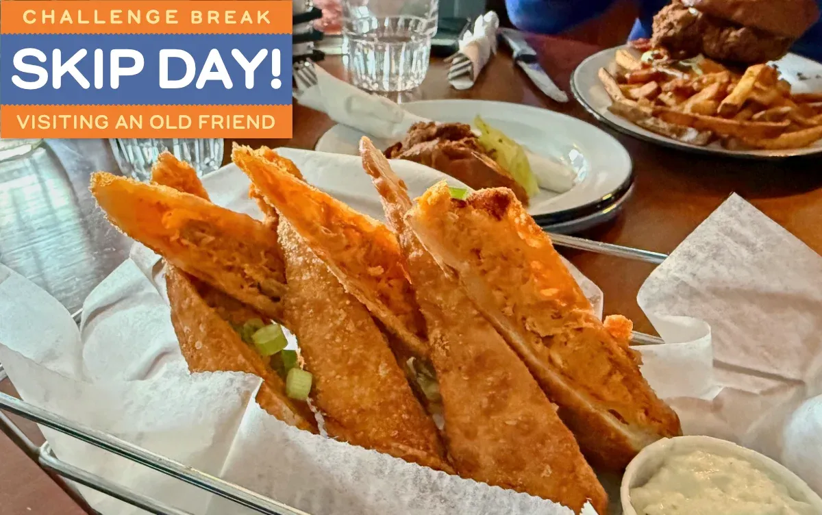 A fried appetizer plate on the table with a side of blue cheese. Other fried food is in the background. (full size image)