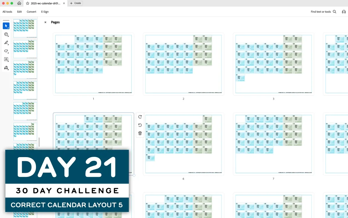 A screenshot of Adobe Acrobat Reader, showing individual pages of the test calendar month output for the Word Counting Calendar (full size image)