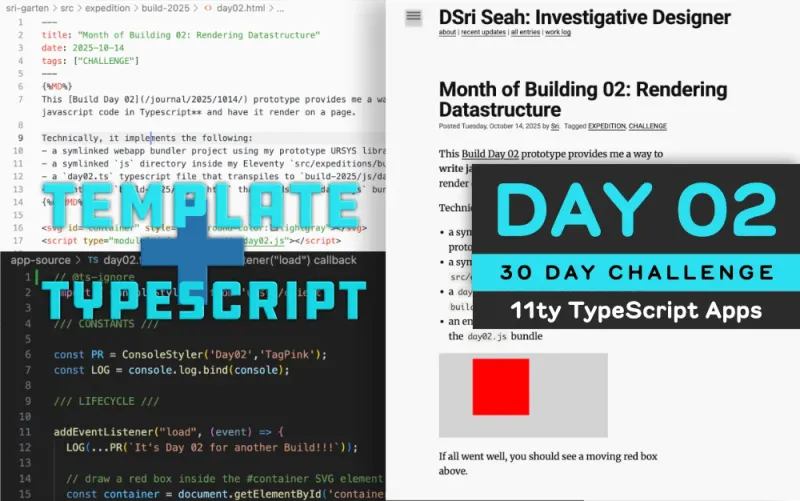 screenshot of Eleventy template and TypeScript source resulting in rendered page