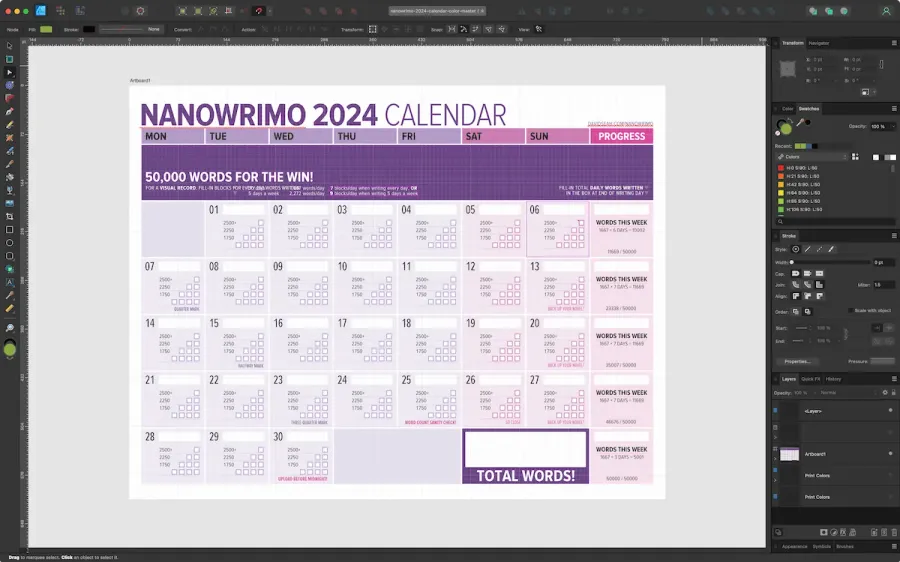 A screenshot of a Word Counting Calendar month, showing the word count blocks inside each calendar day cell.