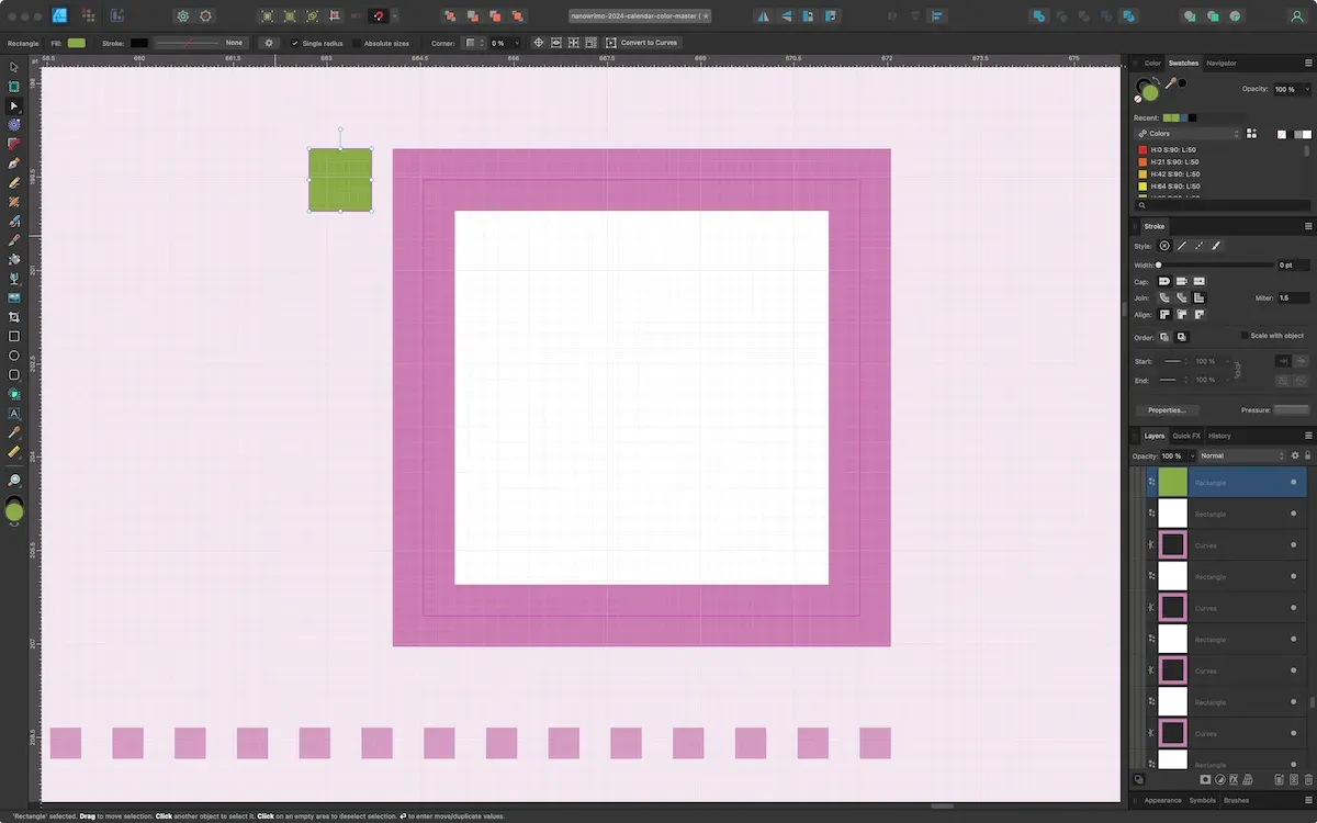 A closeup of the Word Counting Caledar showing a single word counting block, with a 1x1 point filled green square for scale. (full size image)