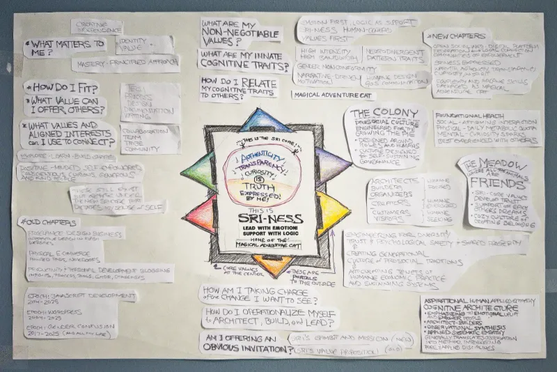 Sri's 2025 Master Vantage Point diagram, a complicated composite of paper scraps with Sri's Core Values in the center and questions/directives radiating away from it.