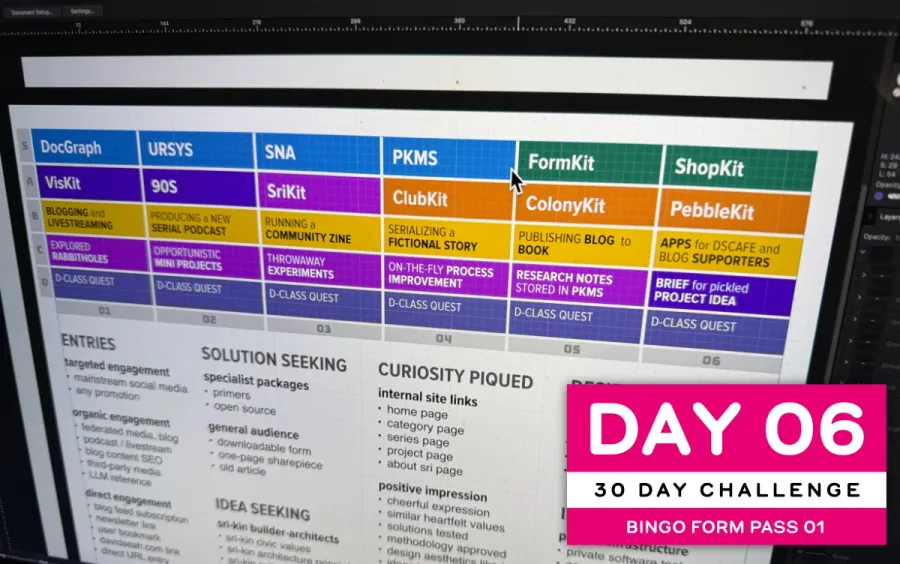 A computer monitor displaying a colorful grid of options for an Activity Bingo Board design, inside of Affinity Designer