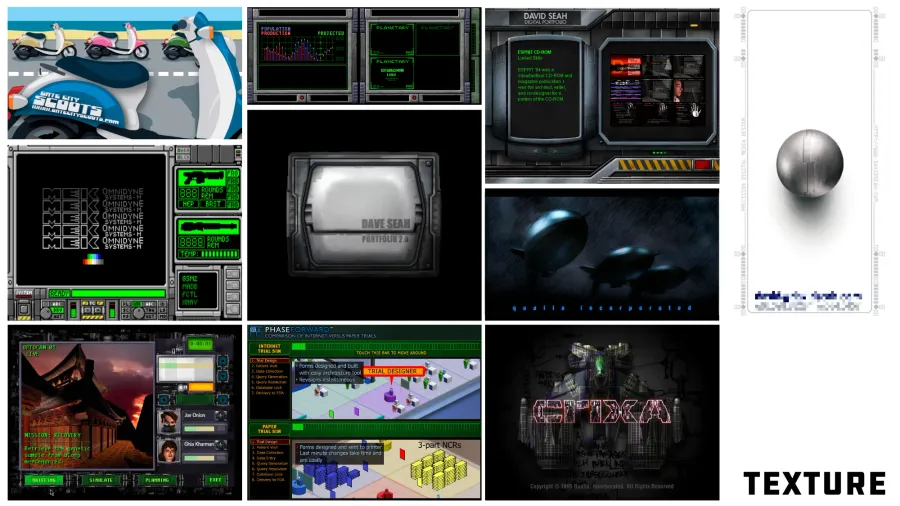 A grid of screenshots and illustrations showing metallic or glowing CRT-like screen interfaces