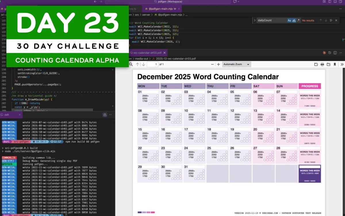 Screenshot of Visual Studio Code showing source code fragments and the rendered December 2025 Word Counting Calendar (full size image)