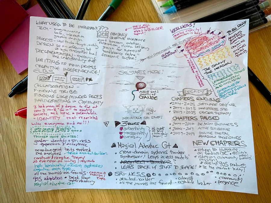 Sri's colorful braindump diagram of blocks of text describing things on her mind